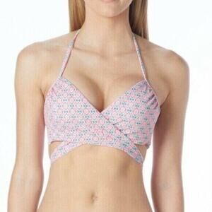 Coco Rave Simone Pink Blue Wrap Geo Halter Bikini Top Bathing Swim Suit Sz 36C